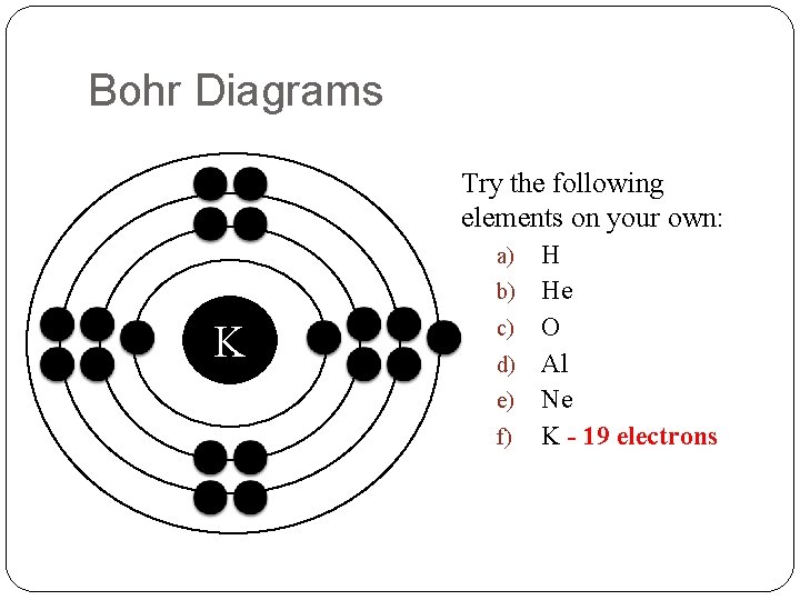 Bohr Diagrams Try the following elements on your own: H b) He c) O