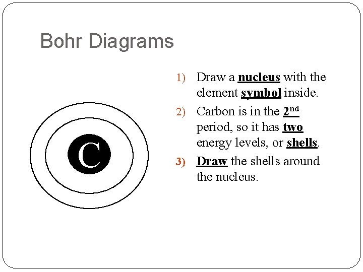 Bohr Diagrams 1) Draw a nucleus with the C element symbol inside. 2) Carbon