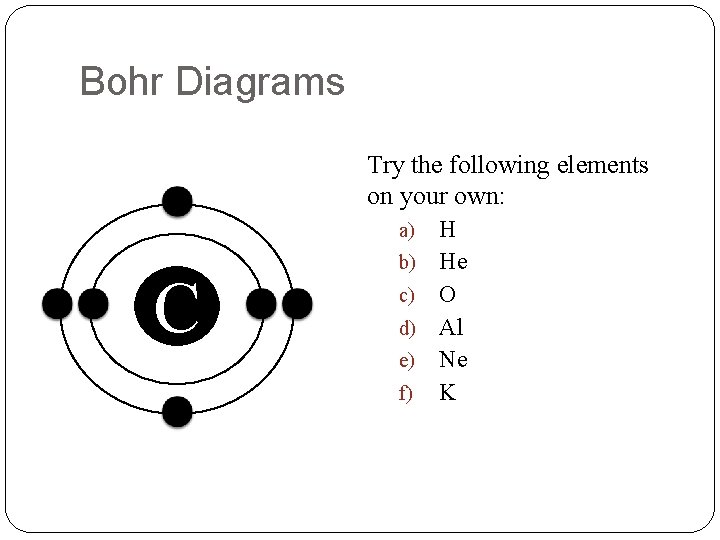 Bohr Diagrams Try the following elements on your own: H b) He c) O