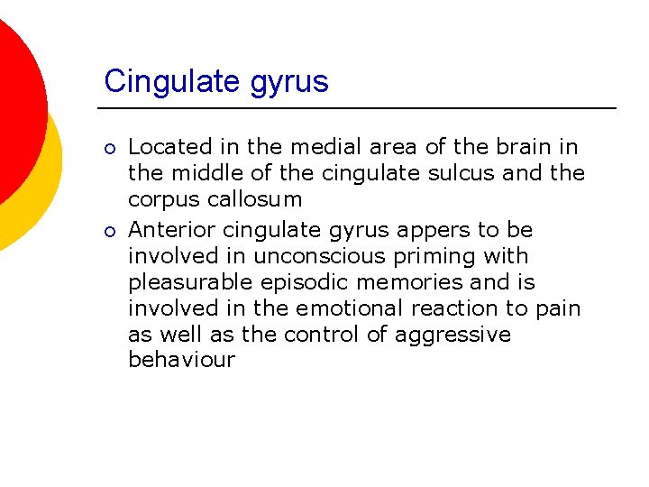 Cingulate gyrus ¡ ¡ Located in the medial area of the brain in the