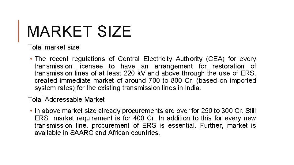 MARKET SIZE Total market size • The recent regulations of Central Electricity Authority (CEA)