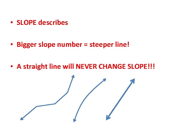  • SLOPE describes • Bigger slope number = steeper line! • A straight
