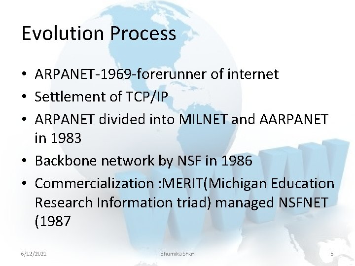 Evolution Process • ARPANET-1969 -forerunner of internet • Settlement of TCP/IP • ARPANET divided