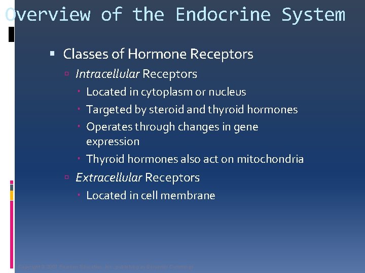 Overview of the Endocrine System Classes of Hormone Receptors Intracellular Receptors Located in cytoplasm