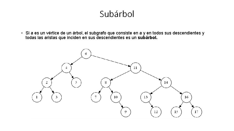 Subárbol • Si a es un vértice de un árbol, el subgrafo que consiste