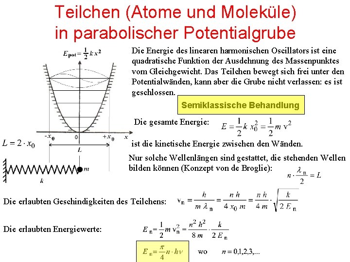 Teilchen (Atome und Moleküle) in parabolischer Potentialgrube Die Energie des linearen harmonischen Oscillators ist