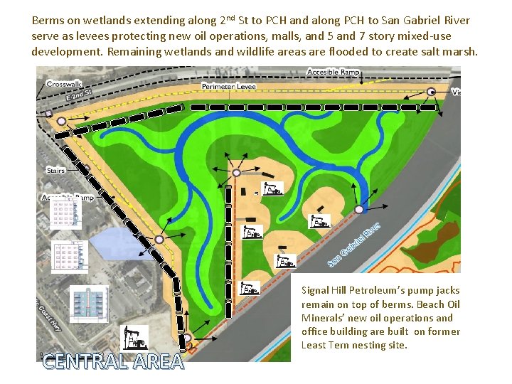 Berms on wetlands extending along 2 nd St to PCH and along PCH to