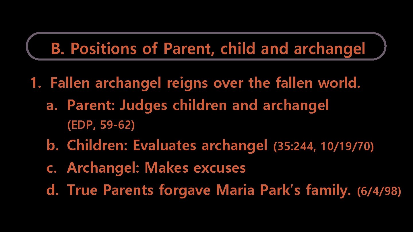 B. Positions of Parent, child and archangel 1. Fallen archangel reigns over the fallen