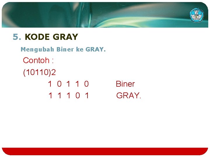 5. KODE GRAY Mengubah Biner ke GRAY. Contoh : (10110)2 1 0 1 1