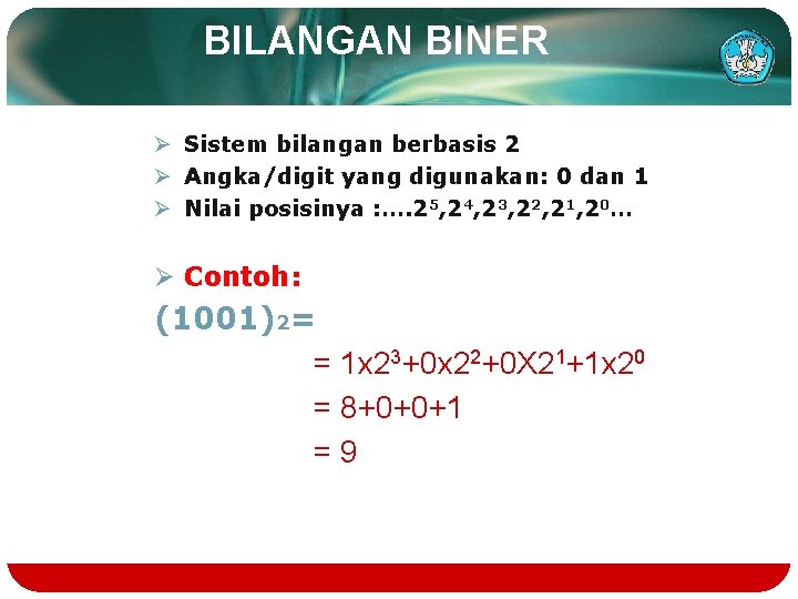 BILANGAN BINER Ø Sistem bilangan berbasis 2 Ø Angka/digit yang digunakan: 0 dan 1