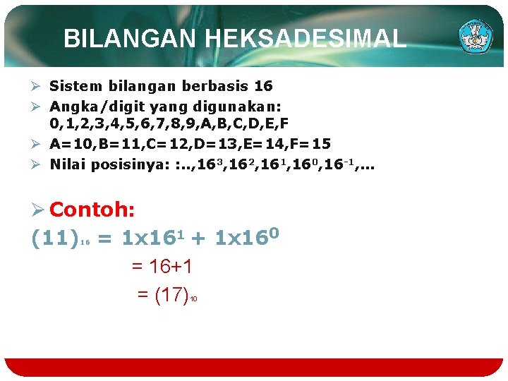 BILANGAN HEKSADESIMAL Ø Sistem bilangan berbasis 16 Ø Angka/digit yang digunakan: 0, 1, 2,
