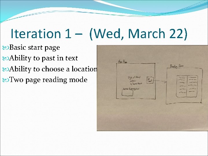 Iteration 1 – (Wed, March 22) Basic start page Ability to past in text