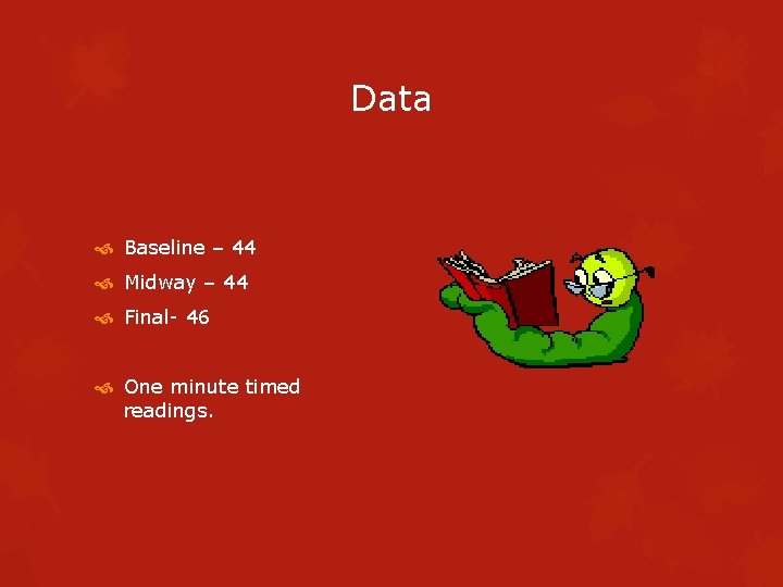 Data Baseline – 44 Midway – 44 Final- 46 One minute timed readings. 