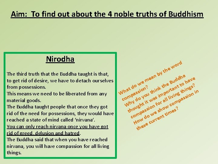 Aim: To find out about the 4 noble truths of Buddhism Nirodha The third