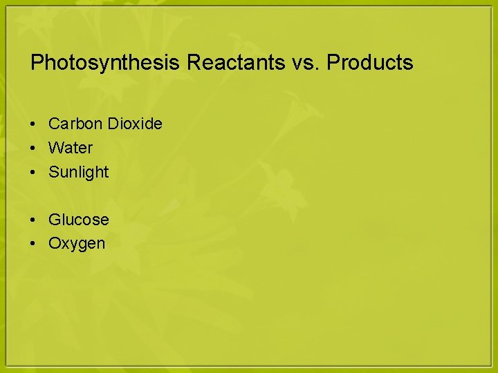 Photosynthesis Reactants vs. Products • Carbon Dioxide • Water • Sunlight • Glucose •