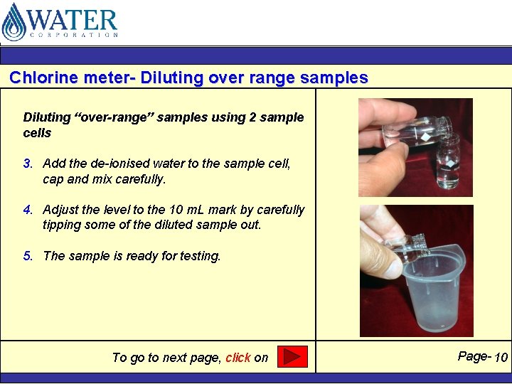 Chlorine meter- Diluting over range samples Diluting “over-range” samples using 2 sample cells 3.