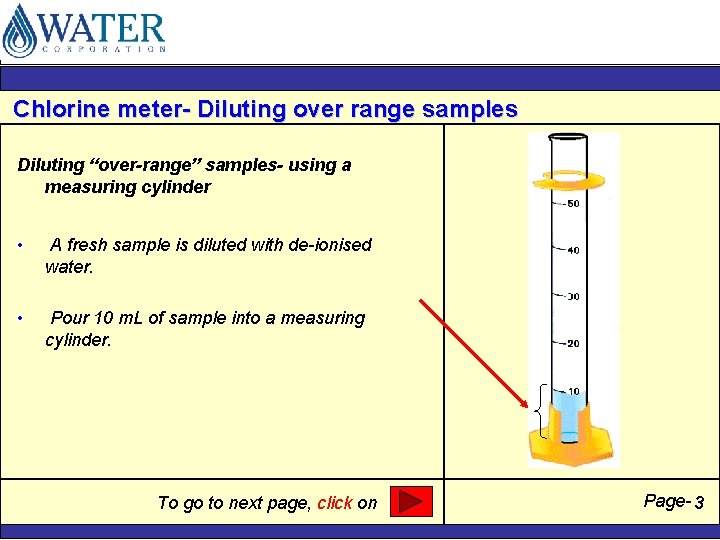 Chlorine meter- Diluting over range samples Diluting “over-range” samples- using a measuring cylinder •