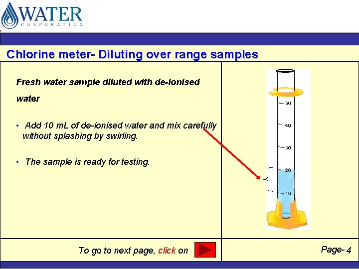 Chlorine meter- Diluting over range samples Fresh water sample diluted with de-ionised water •