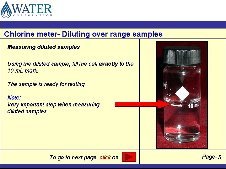 Chlorine meter- Diluting over range samples Measuring diluted samples Using the diluted sample, fill