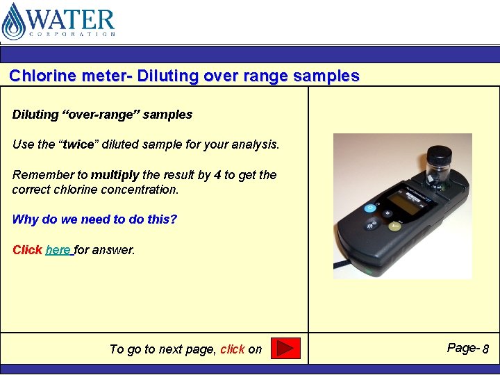 Chlorine meter- Diluting over range samples Diluting “over-range” samples Use the “twice” diluted sample