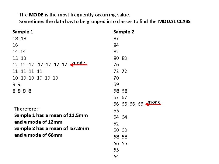 The MODE is the most frequently occurring value. Sometimes the data has to be