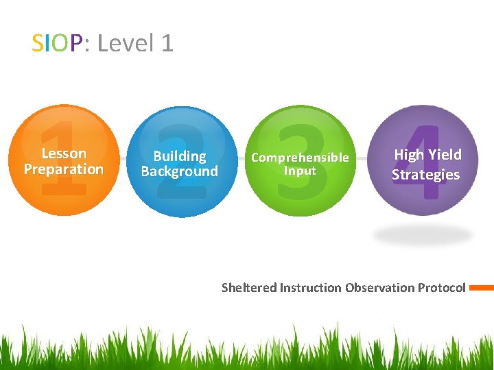 SIOP: Level 1 1 2 3 4 Lesson Preparation Building Background Comprehensible Input High