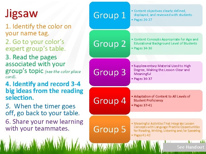 Jigsaw 1. Identify the color on your name tag. 2. Go to your color’s