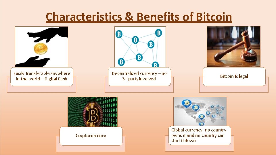 Characteristics & Benefits of Bitcoin Easily transferable anywhere in the world – Digital Cash