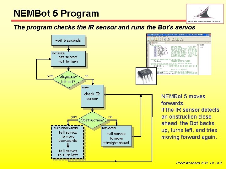 NEMBot 5 Program The program checks the IR sensor and runs the Bot’s servos
