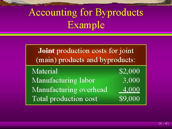 Accounting for Byproducts Example Joint production costs for joint (main) products and byproducts: Material