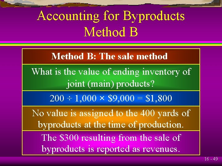 Accounting for Byproducts Method B: The sale method What is the value of ending