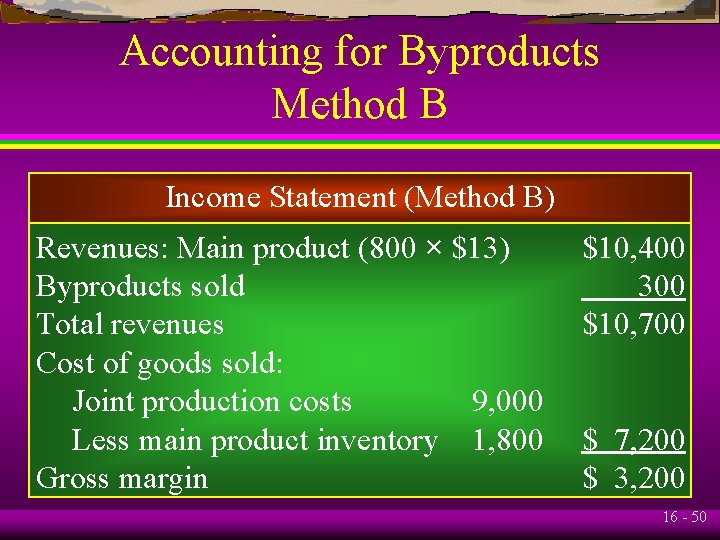 Accounting for Byproducts Method B Income Statement (Method B) Revenues: Main product (800 ×
