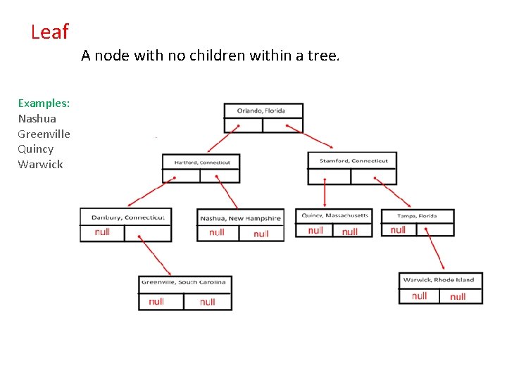 Leaf Examples: Nashua Greenville Quincy Warwick A node with no children within a tree. Leaf Examples: Nashua Greenville Quincy Warwick A node with no children within a tree.