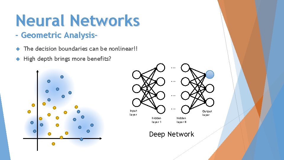 Neural Networks - Geometric Analysis The decision boundaries can be nonlinear!! High depth brings