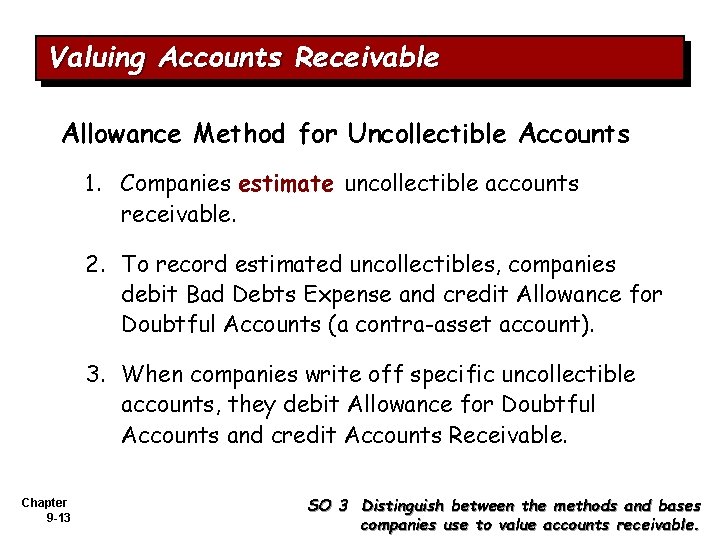 Valuing Accounts Receivable Allowance Method for Uncollectible Accounts 1. Companies estimate uncollectible accounts receivable.