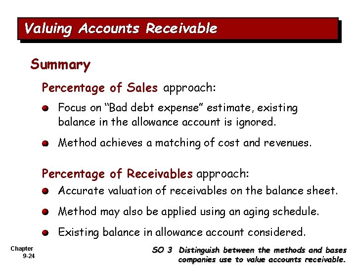 Valuing Accounts Receivable Summary Percentage of Sales approach: Focus on “Bad debt expense” estimate,