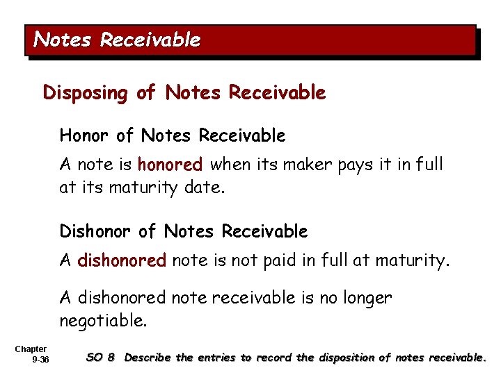 Notes Receivable Disposing of Notes Receivable Honor of Notes Receivable A note is honored