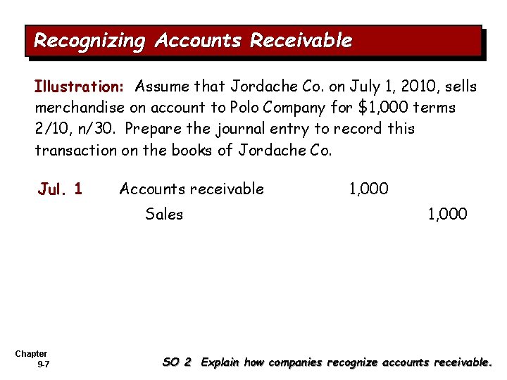 Recognizing Accounts Receivable Illustration: Assume that Jordache Co. on July 1, 2010, sells merchandise