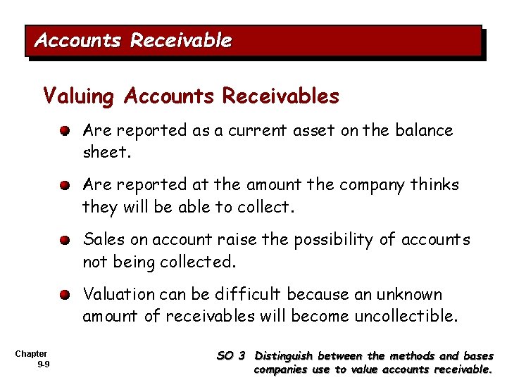 Accounts Receivable Valuing Accounts Receivables Are reported as a current asset on the balance
