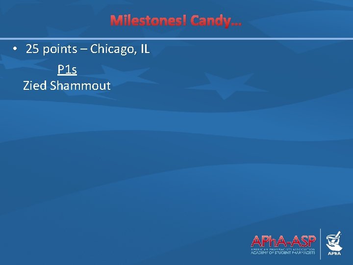 Milestones! Candy… • 25 points – Chicago, IL P 1 s Zied Shammout 