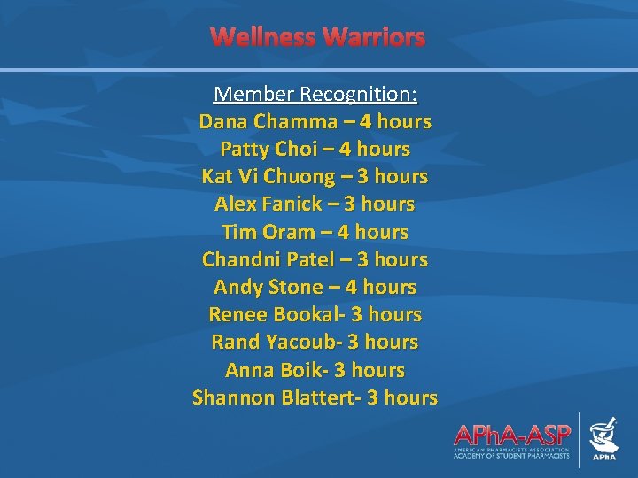 Wellness Warriors Member Recognition: Dana Chamma – 4 hours Patty Choi – 4 hours