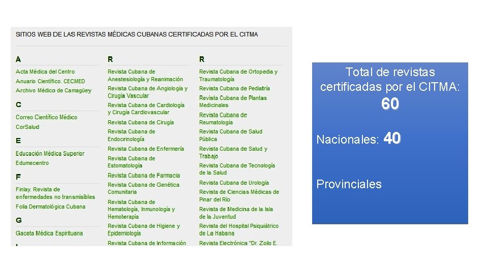 Total de revistas certificadas por el CITMA: 60 Nacionales: 40 Provinciales 