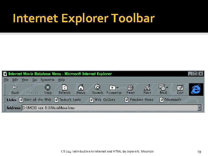 Internet Explorer Toolbar CS 214: Introduction to Internet and HTML by Jayson G. Mauricio Internet Explorer Toolbar CS 214: Introduction to Internet and HTML by Jayson G. Mauricio