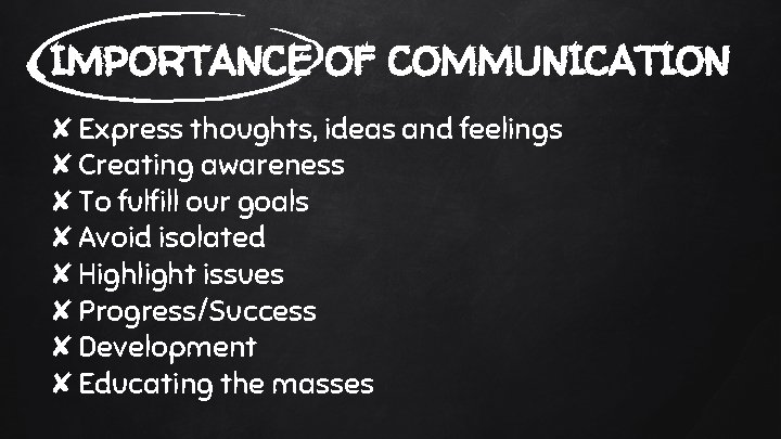 IMPORTANCE OF COMMUNICATION ✘Express thoughts, ideas and feelings ✘Creating awareness ✘To fulfill our goals