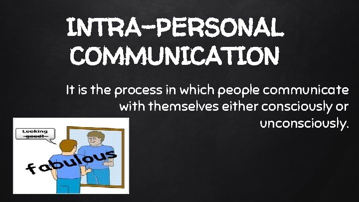 INTRA-PERSONAL COMMUNICATION It is the process in which people communicate with themselves either consciously