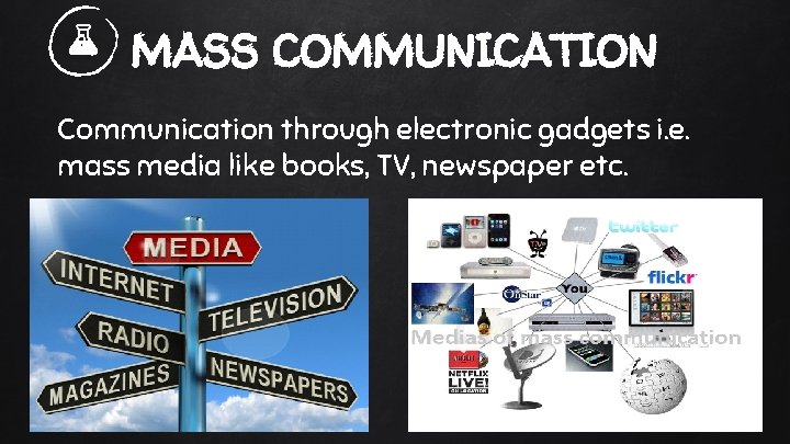 MASS COMMUNICATION Communication through electronic gadgets i. e. mass media like books, TV, newspaper
