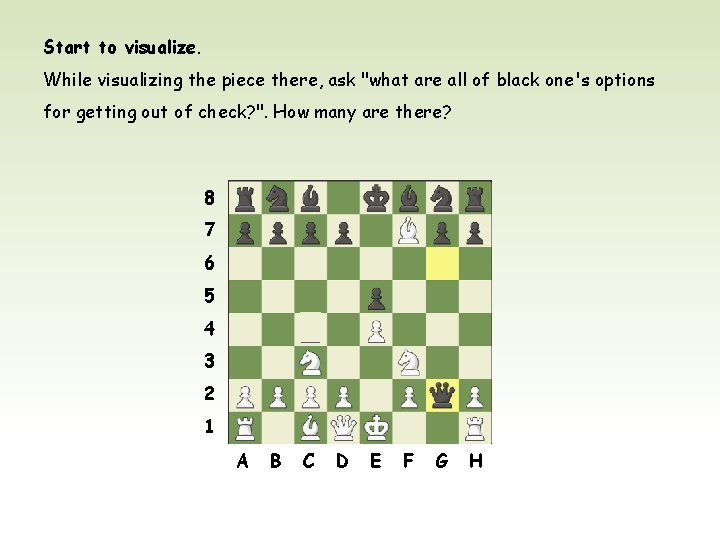 Start to visualize. While visualizing the piece there, ask "what are all of black