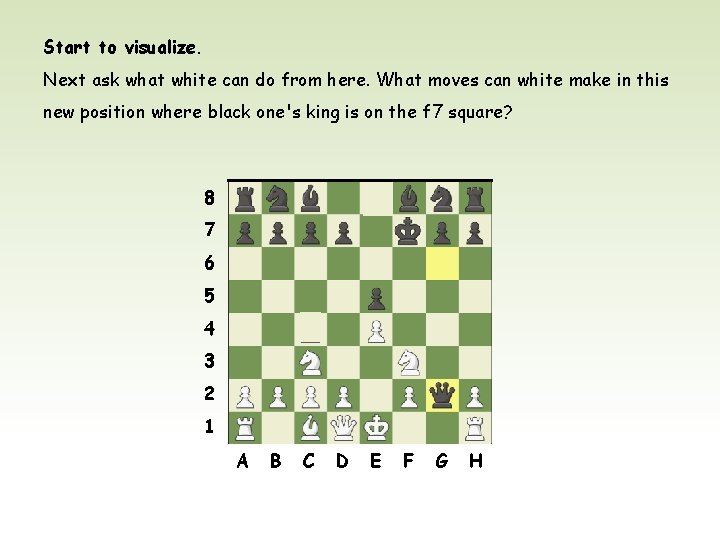 Start to visualize. Next ask what white can do from here. What moves can