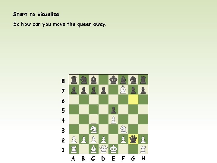 Start to visualize. So how can you move the queen away. 8 7 6