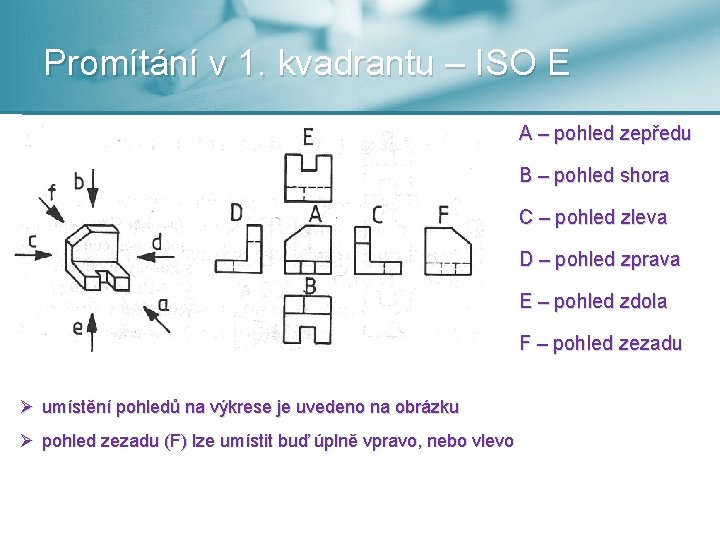 Promítání v 1. kvadrantu – ISO E A – pohled zepředu B – pohled